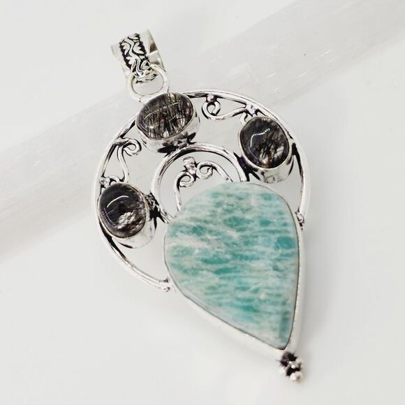 Amazonite Black Rutile Ethnic Handmade Pendant Jewelry 2.72" - Picture 1 of 4